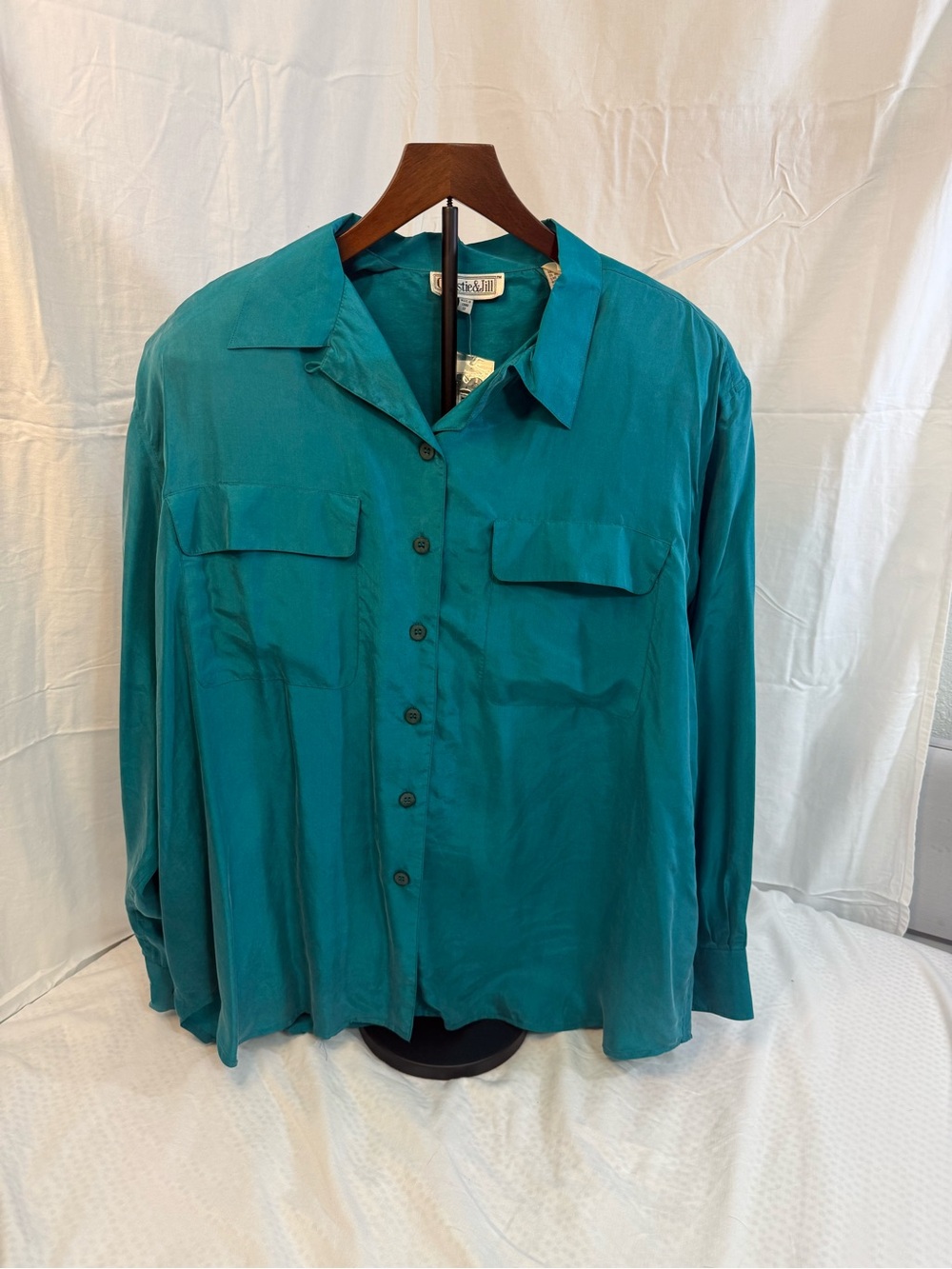 100% Silk Teal Button-Front Blouse - Women's